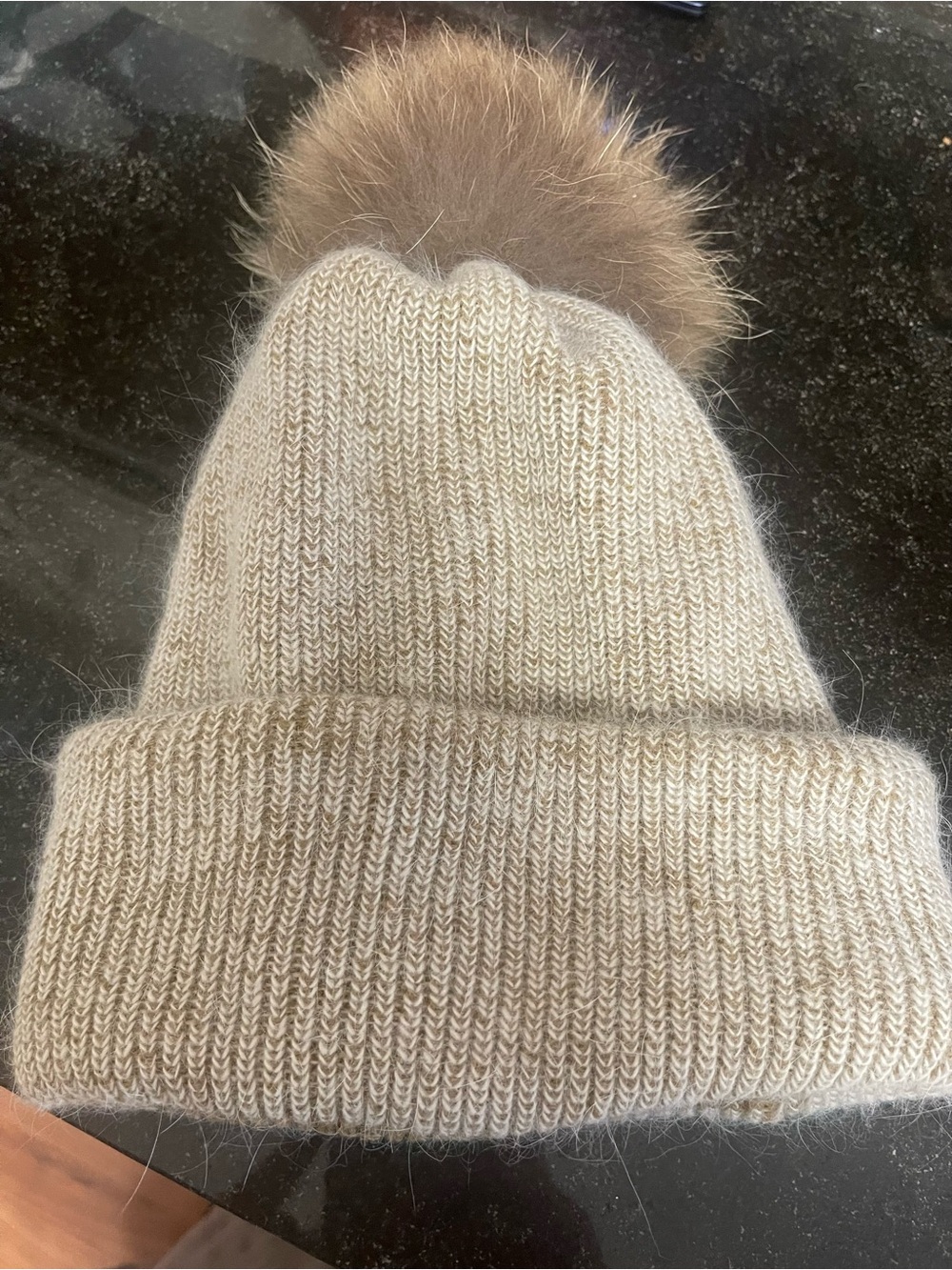 Cream Knit Beanie with Faux Fur Pom